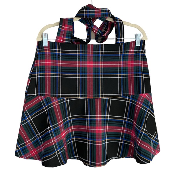 Copper Key NWT Square Neck Criss Cross Strap Plaid Print Jumper Skirt Overall - Picture 2 of 6